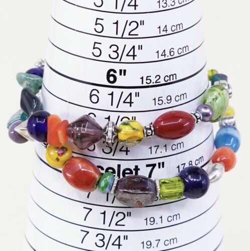 7”, Vtg Sterling Silver Handmade Bracelet, 925 Beads W/ Colorful Glass Beads