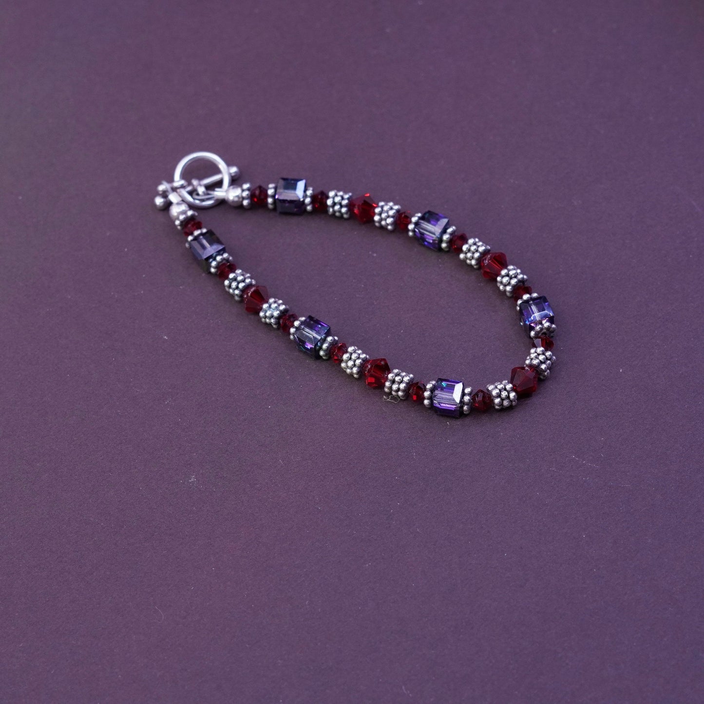 7”, Sterling silver handmade bracelet, 925 beads w/ red crystal toggle closure