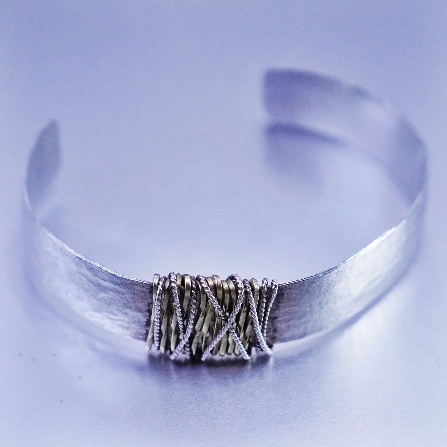 6.5”, Vintage Sterling 925 silver handmade bracelet, hammered wired brass cuff
