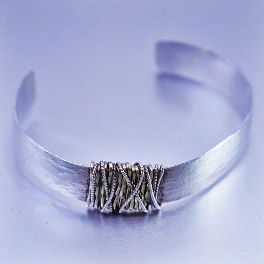 6.5”, Vintage Sterling 925 silver handmade bracelet, hammered wired brass cuff