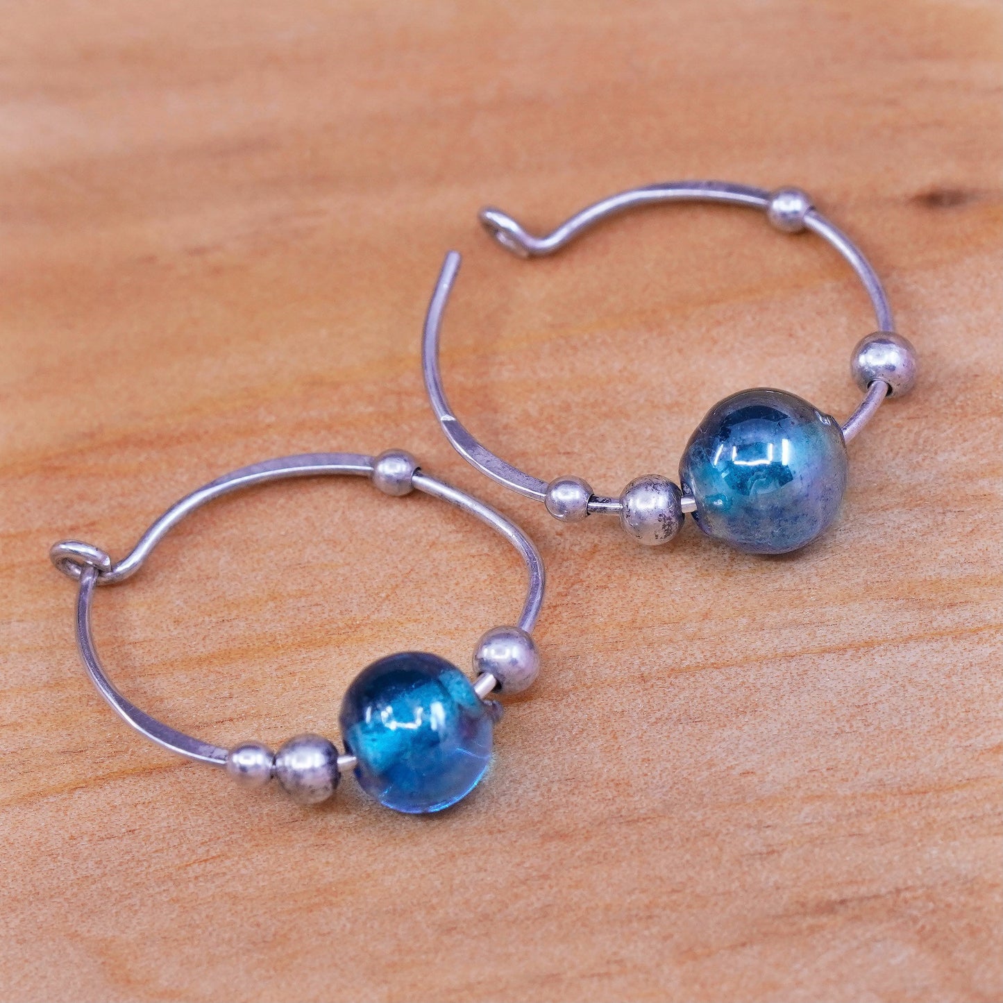 Vintage Sterling silver handmade earrings, 925 hoops with blue glass beads