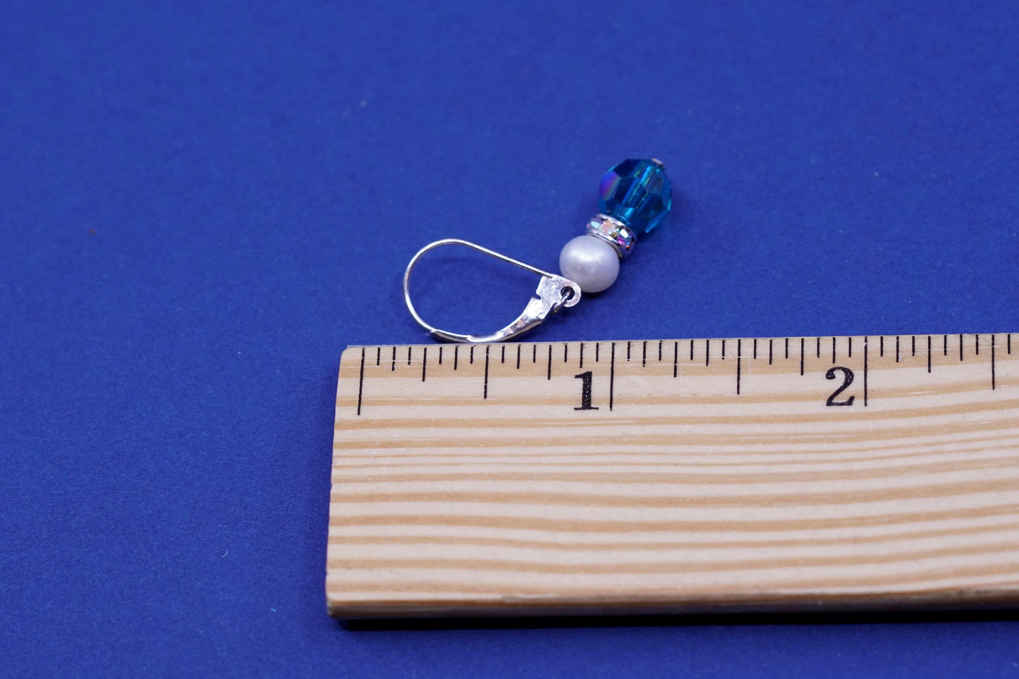Vintage sterling 925 silver handmade earrings, with cube blue crystal and pearl