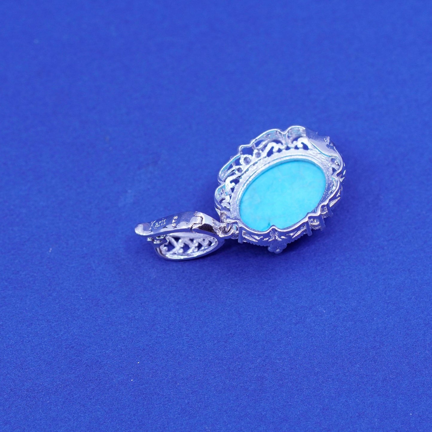 Vintage Karis Peruvian Sterling silver pendant, 925 filigree oval turquoise Cz