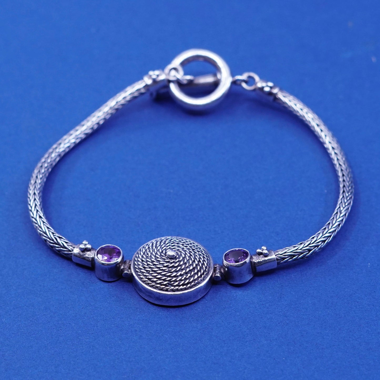 6.75”, GeoArtSterling silver bracelet, bold 925 wheat chain w/ amethyst beads