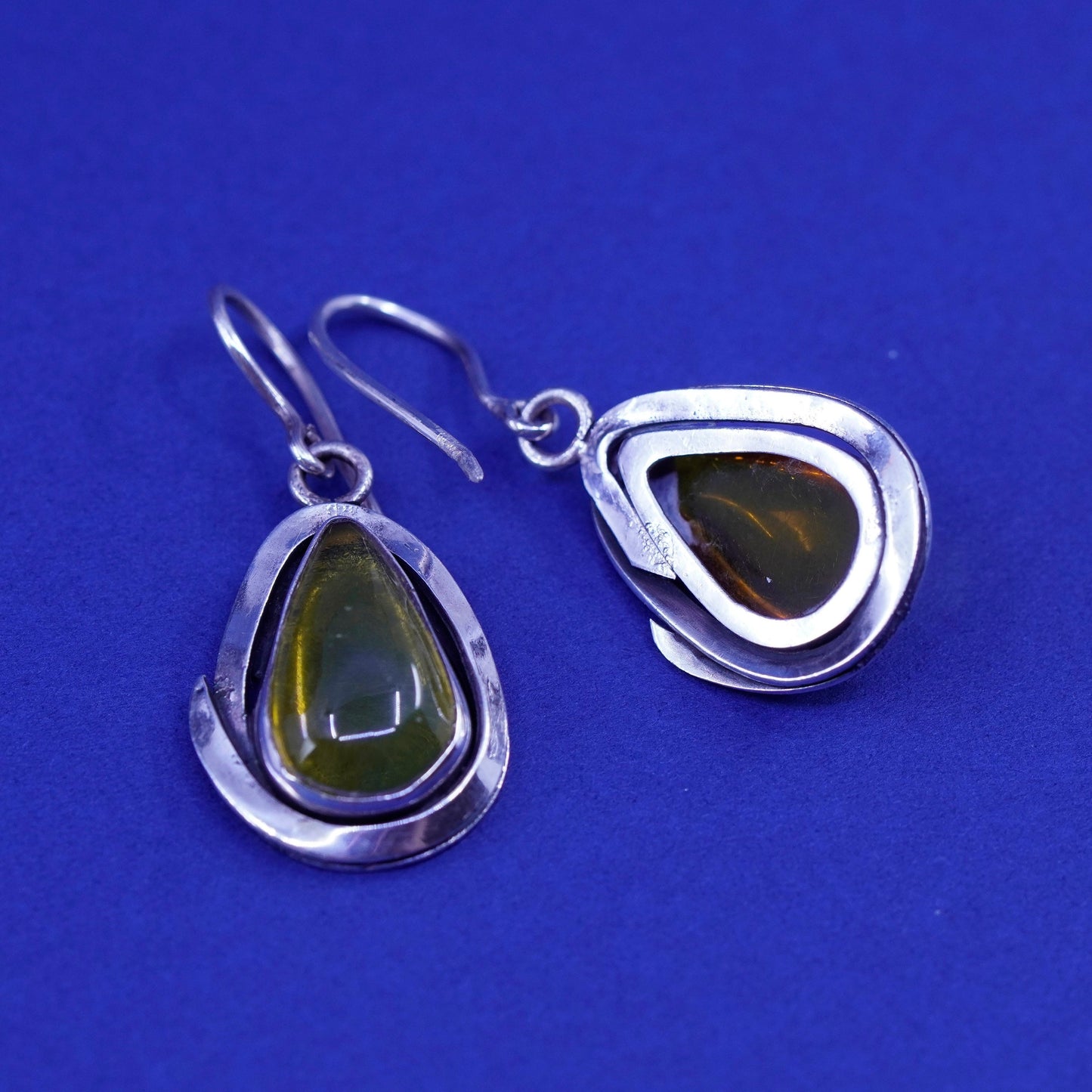 Vintage sterling 925 silver handmade earrings with teardrop amber