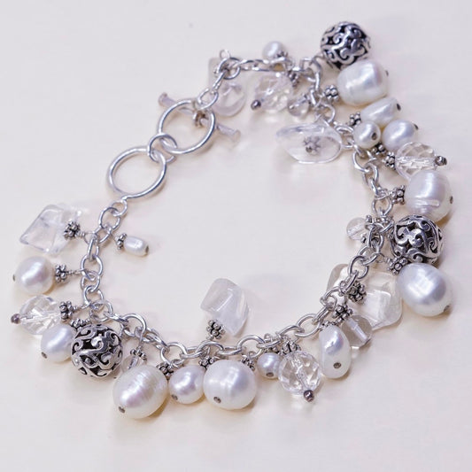 7.75", VTG handmade bracelet, pearl crystal beads w/ 925 beads N toggle