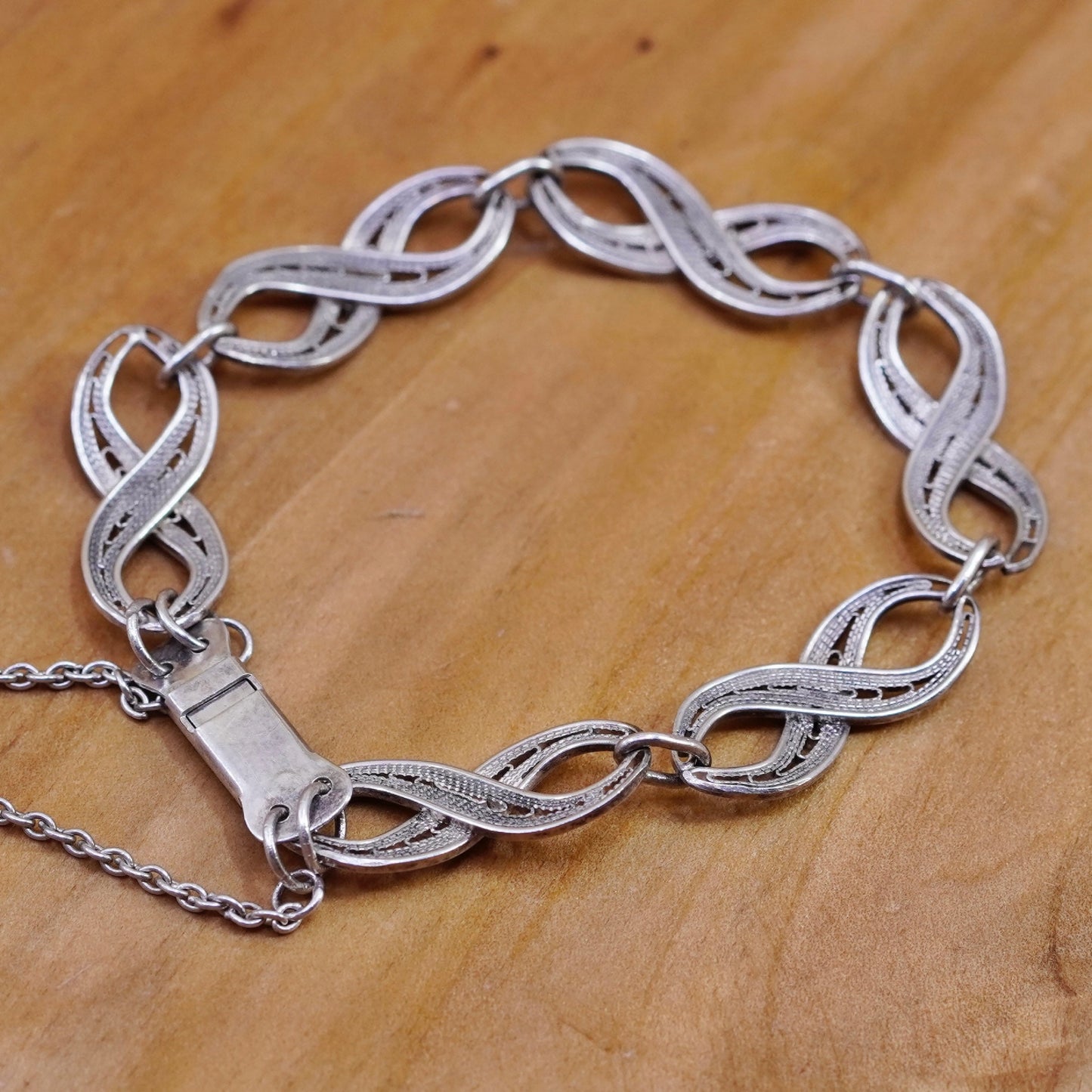 6.75”, vintage Sterling silver handmade bracelet, filigree infinity chain