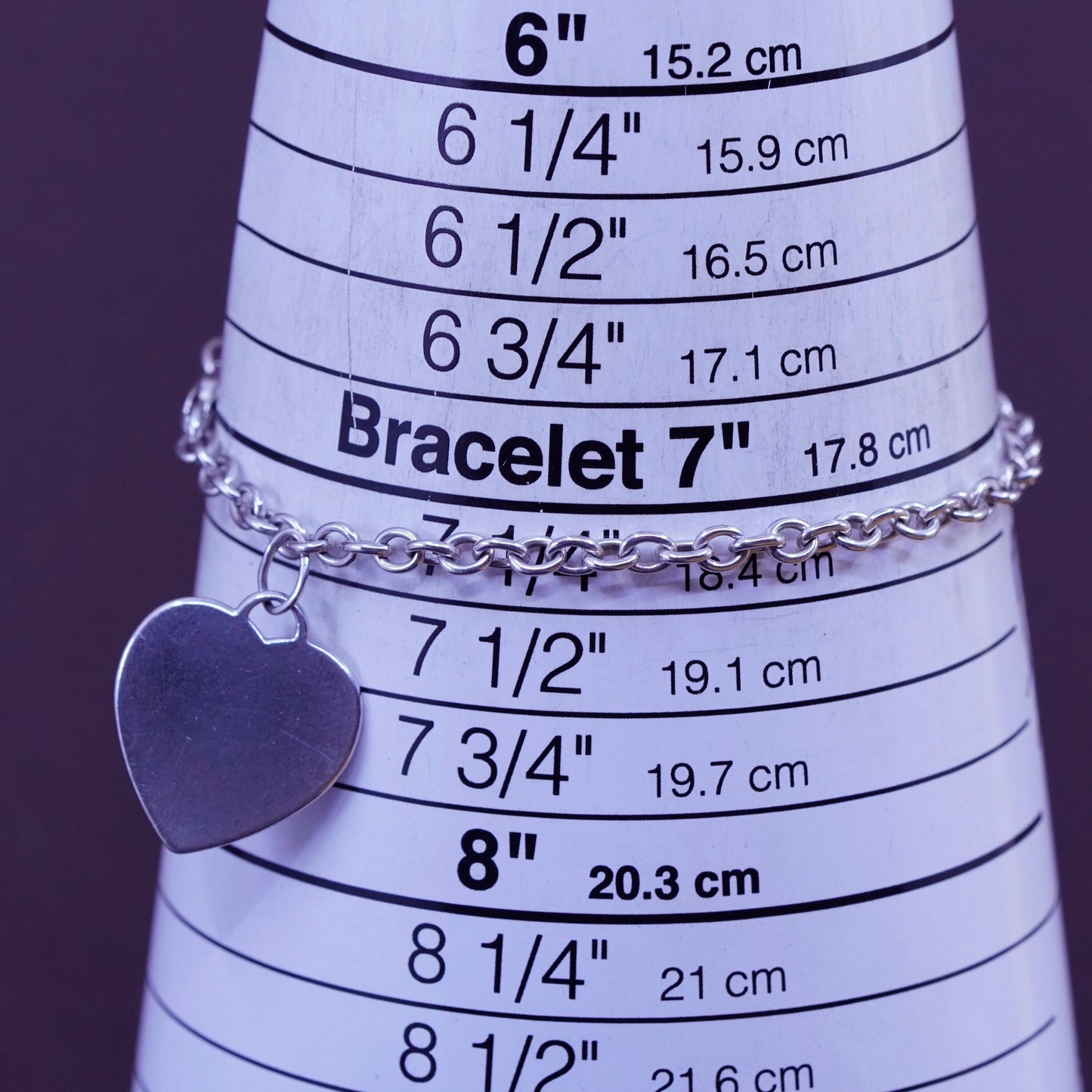 7.25”, vtg Sterling silver handmade bracelet, 925 circle chain heart tag charm