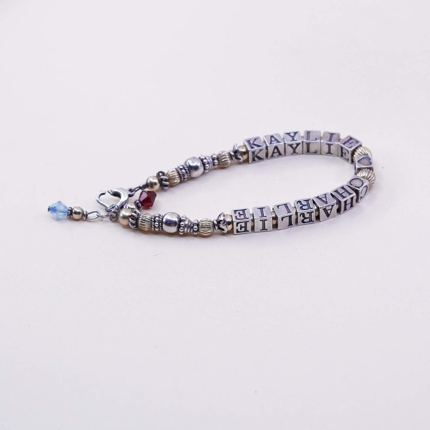 6.75”, 14K gold beads with Sterling 925 Silver bracelet “Kaylie heart Charlie”