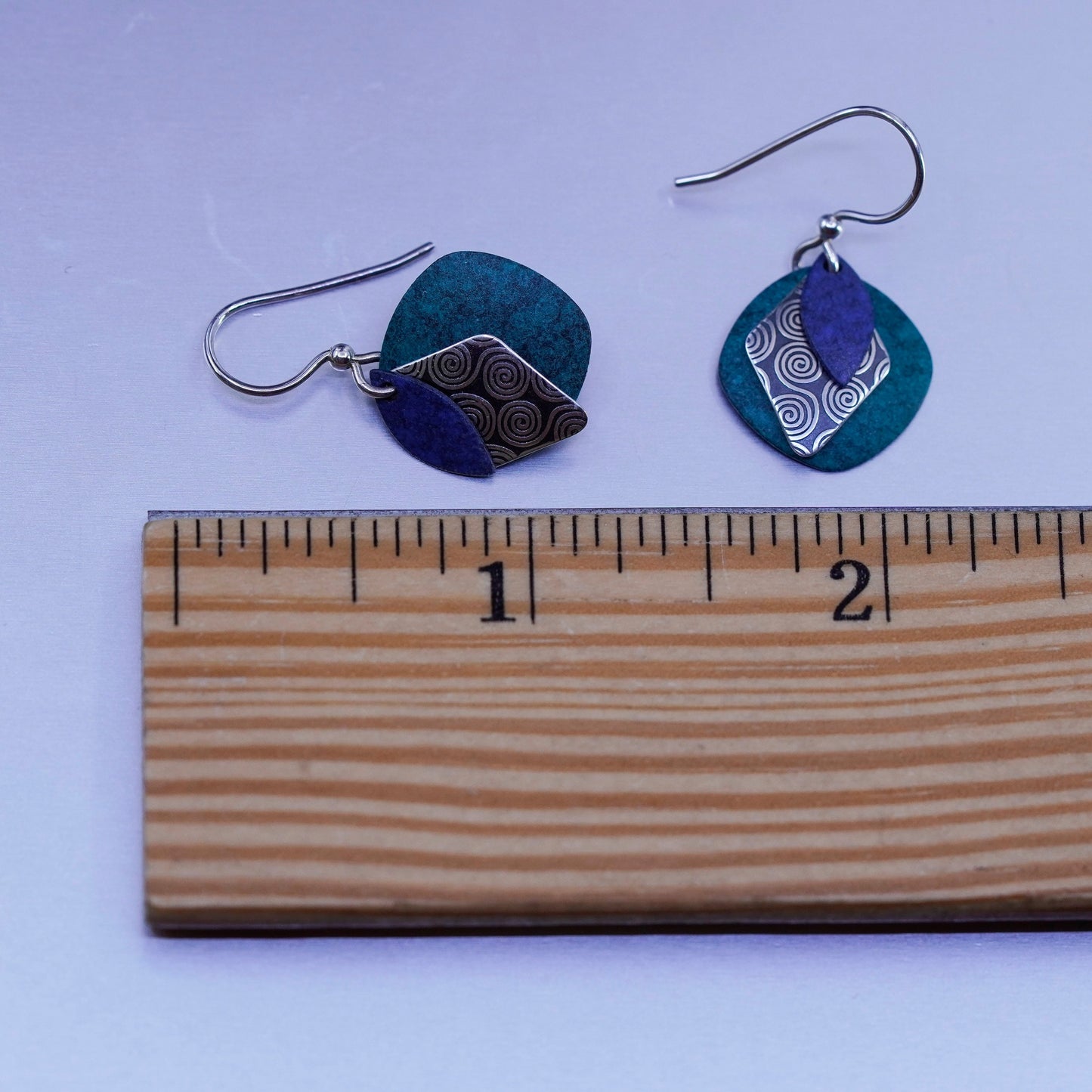 Vintage Sterling 925 silver handmade earrings with green and swirly discs