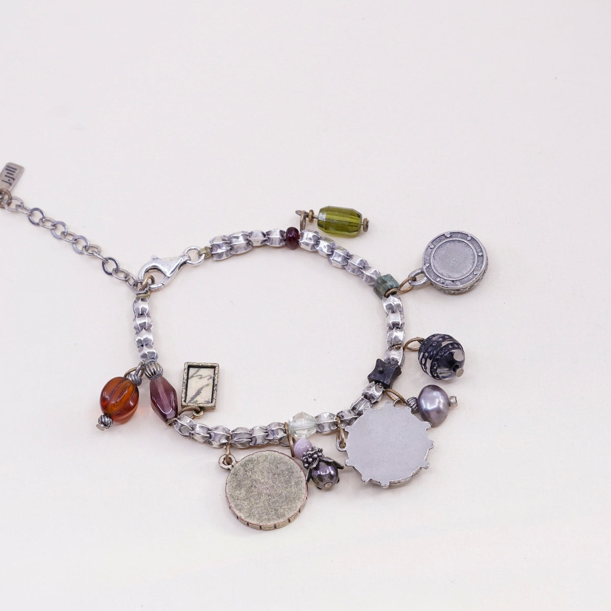 6.5+2”, vtg sterling 925 silver bead handmade bracelet w/ amber brass charms