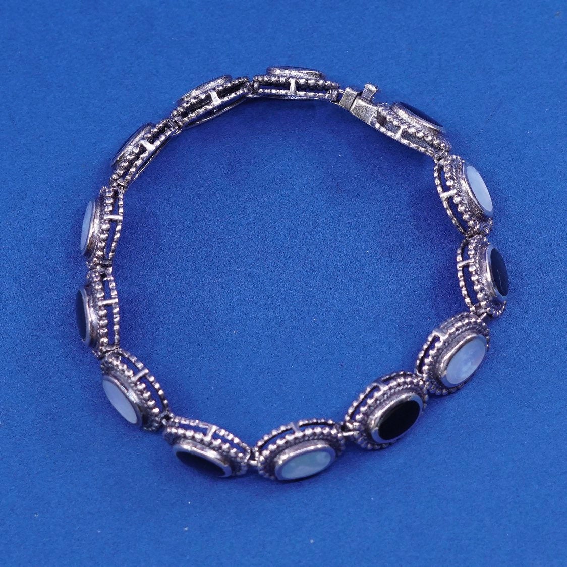 7.25", vtg Sterling silver handmade tennis bracelet, 925 w/ obsidian N MOP
