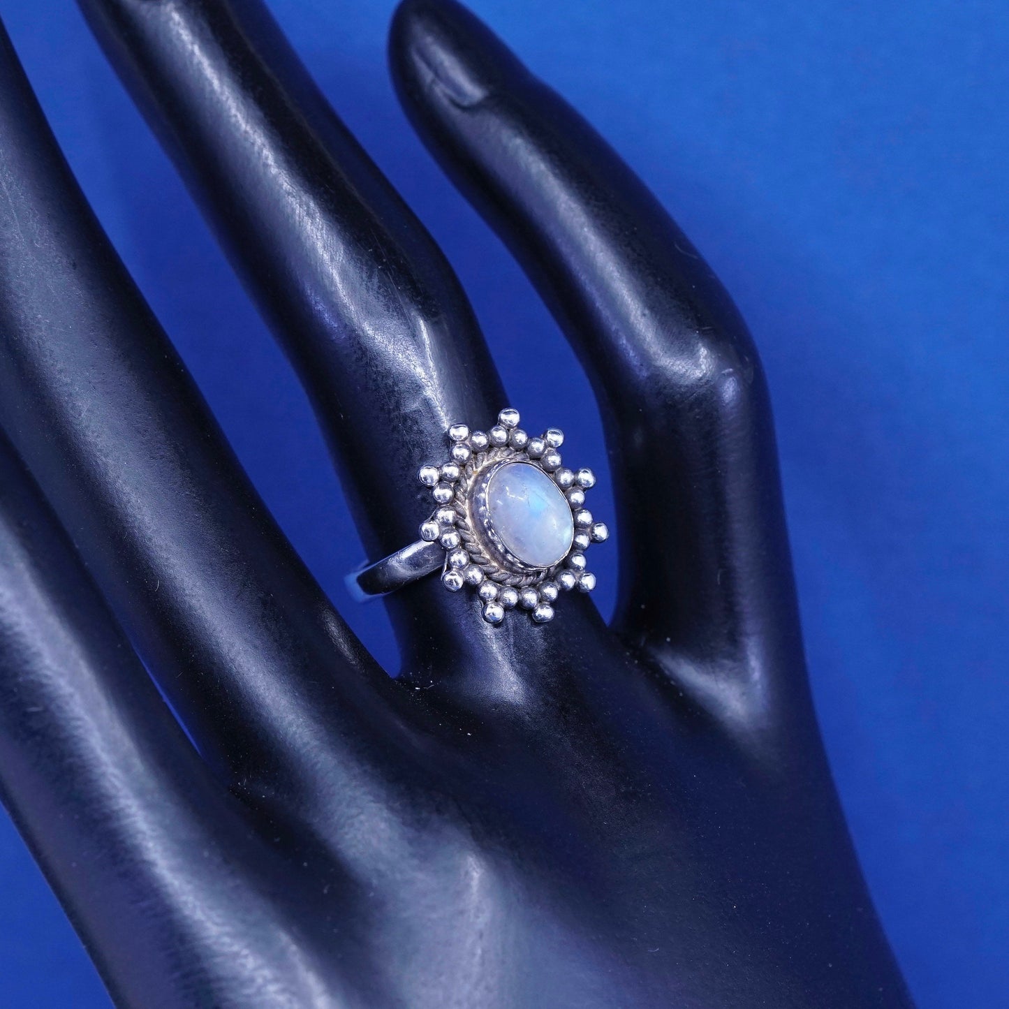 Size 6, vintage DIXI Sterling 925 silver handmade ring with moonstone and beads