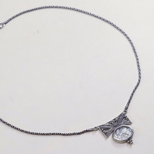 18” 2mm, Vtg 925 Sterling 925 Silver Twisted Snake chain Necklace W/ Roman Glass