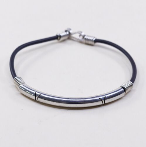 7.5” Vtg Mexico Black Rubber Handmade Bracelet W/ Sterling 925 Silver Slide Bar