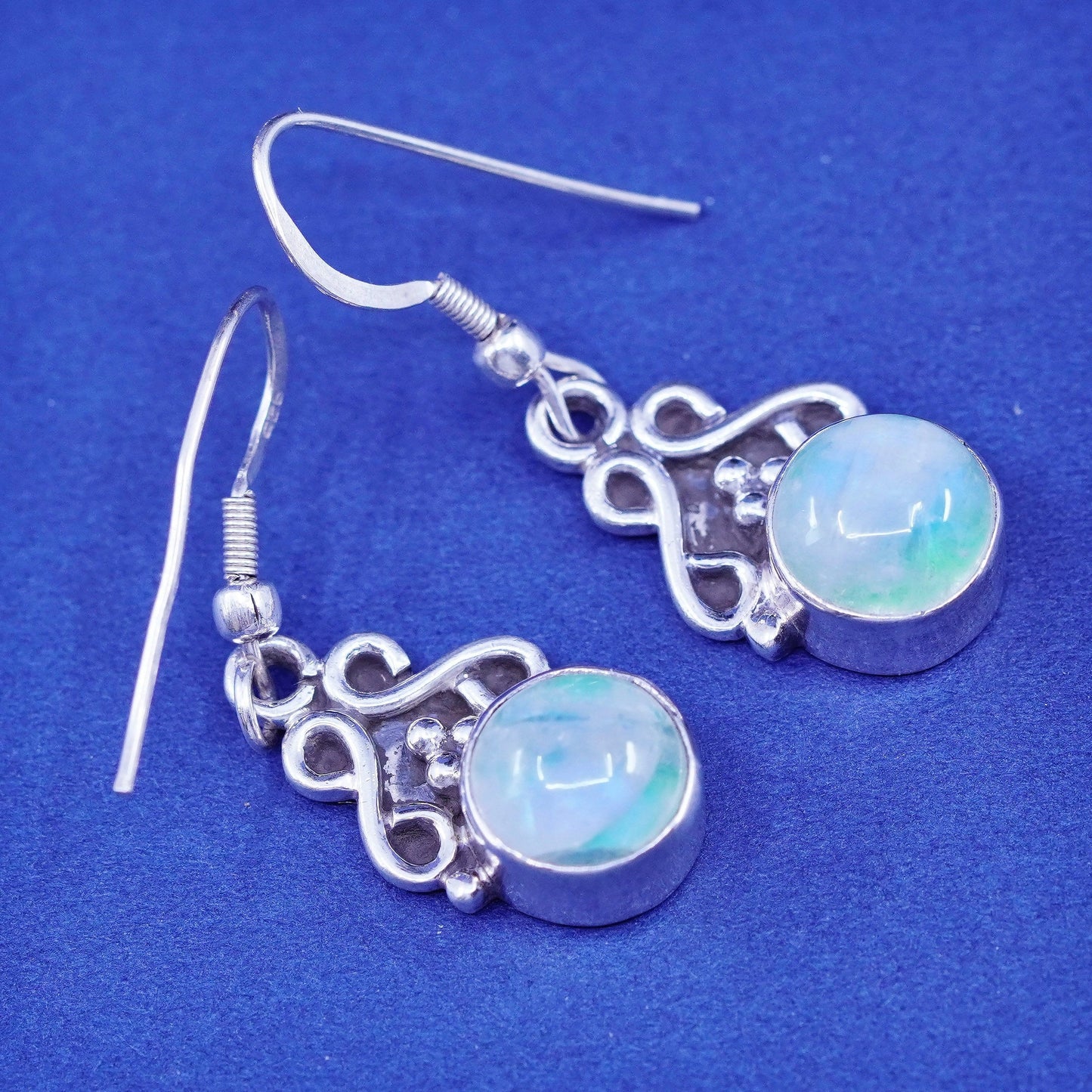 Vintage Sterling 926 silver handmade earrings with round moonstone and beads