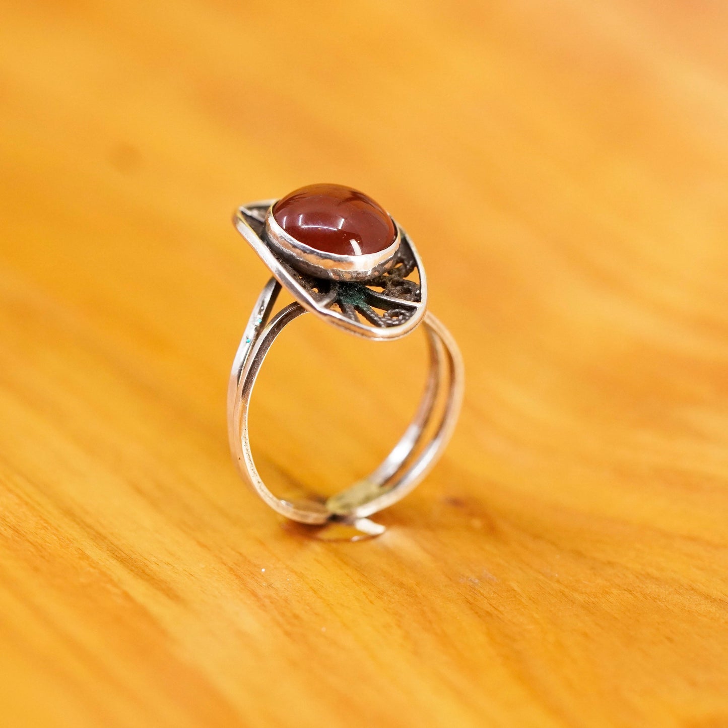 Size adjustable, vintage Sterling silver handmade filigree ring with carnelian