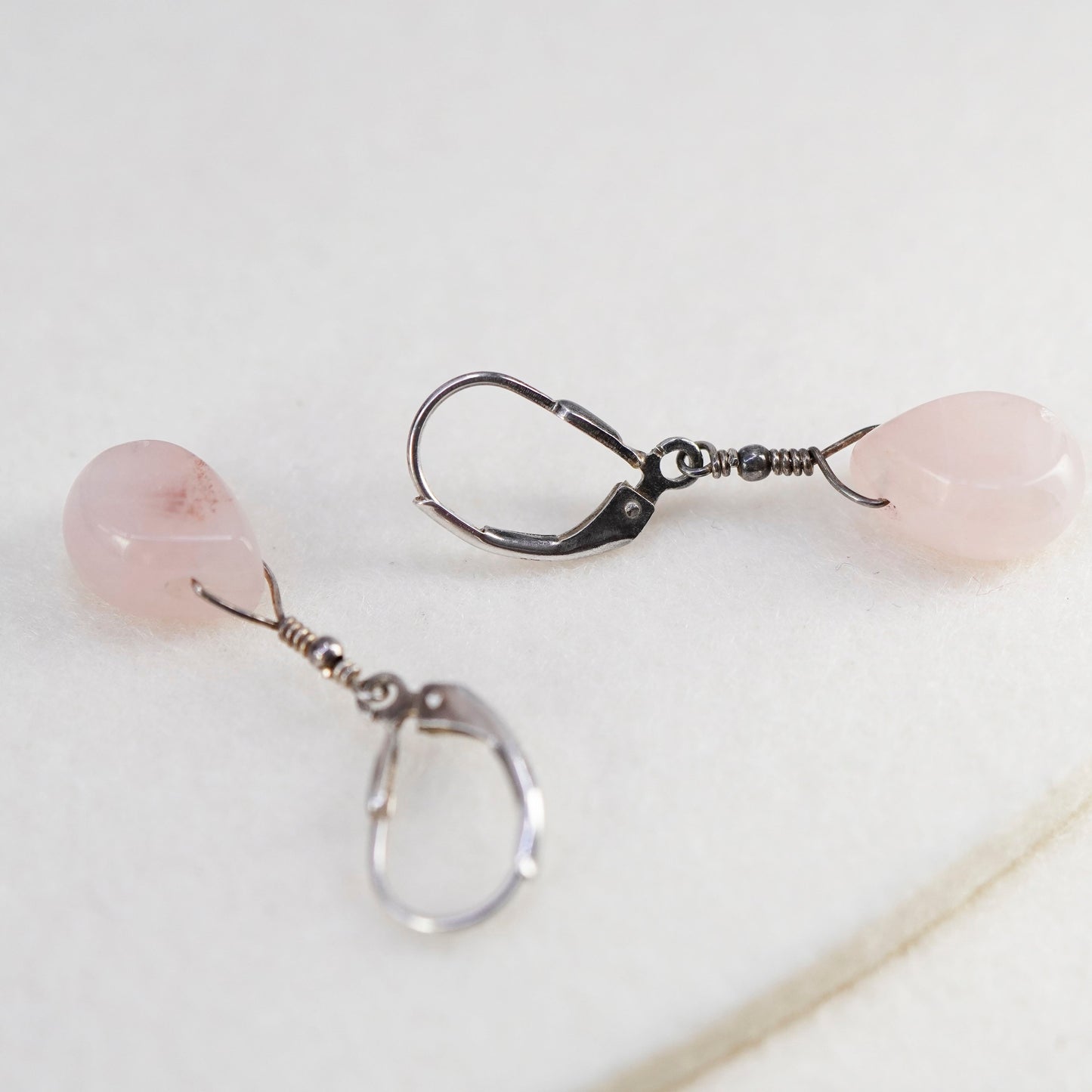 Vintage Sterling 925 silver handmade earrings with teardrop pink rose quartz