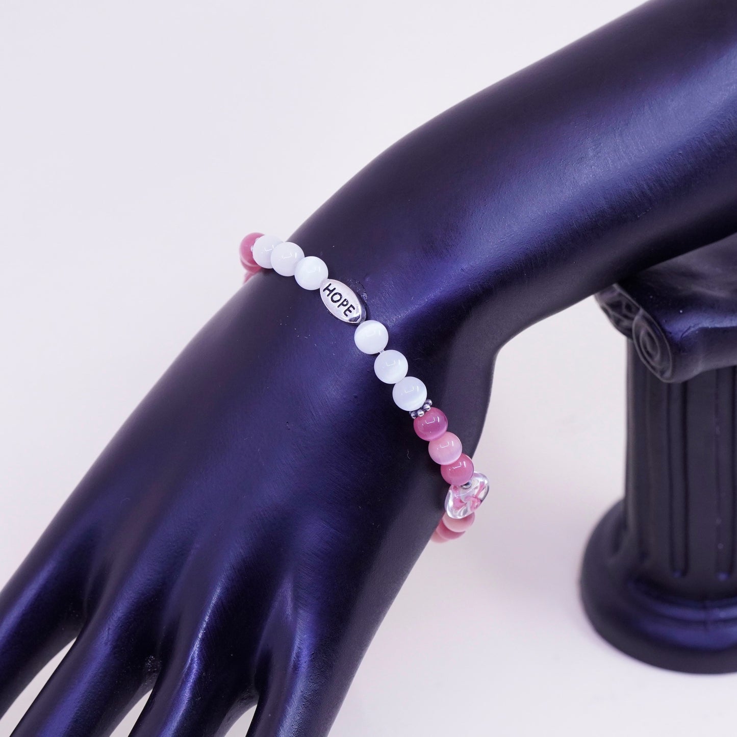 7.5”, “Hope” bracelet, pink cats eye beads elastic band 925 ribbon bow tie