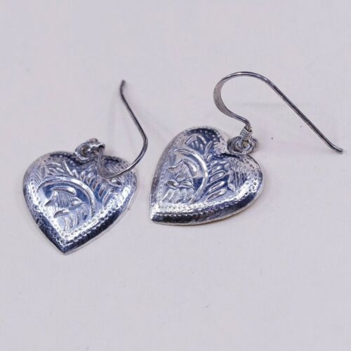 Vtg Handmade 925 Sterling Silver Puffy Textured Heart Earrings, Stamped 925 OW