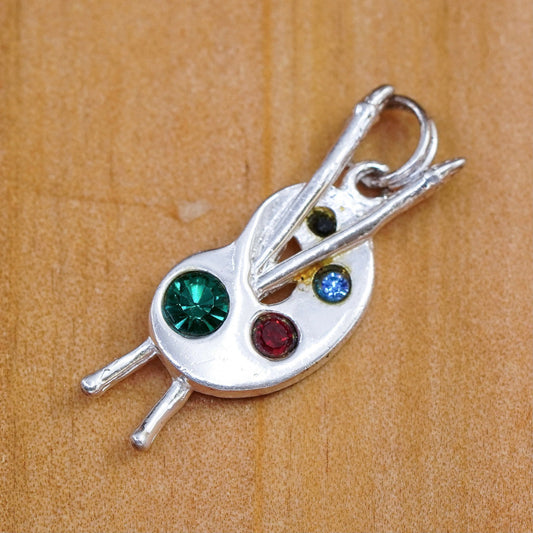 Vintage Sterling 925 silver handmade color palette charm pendant w/ green ruby