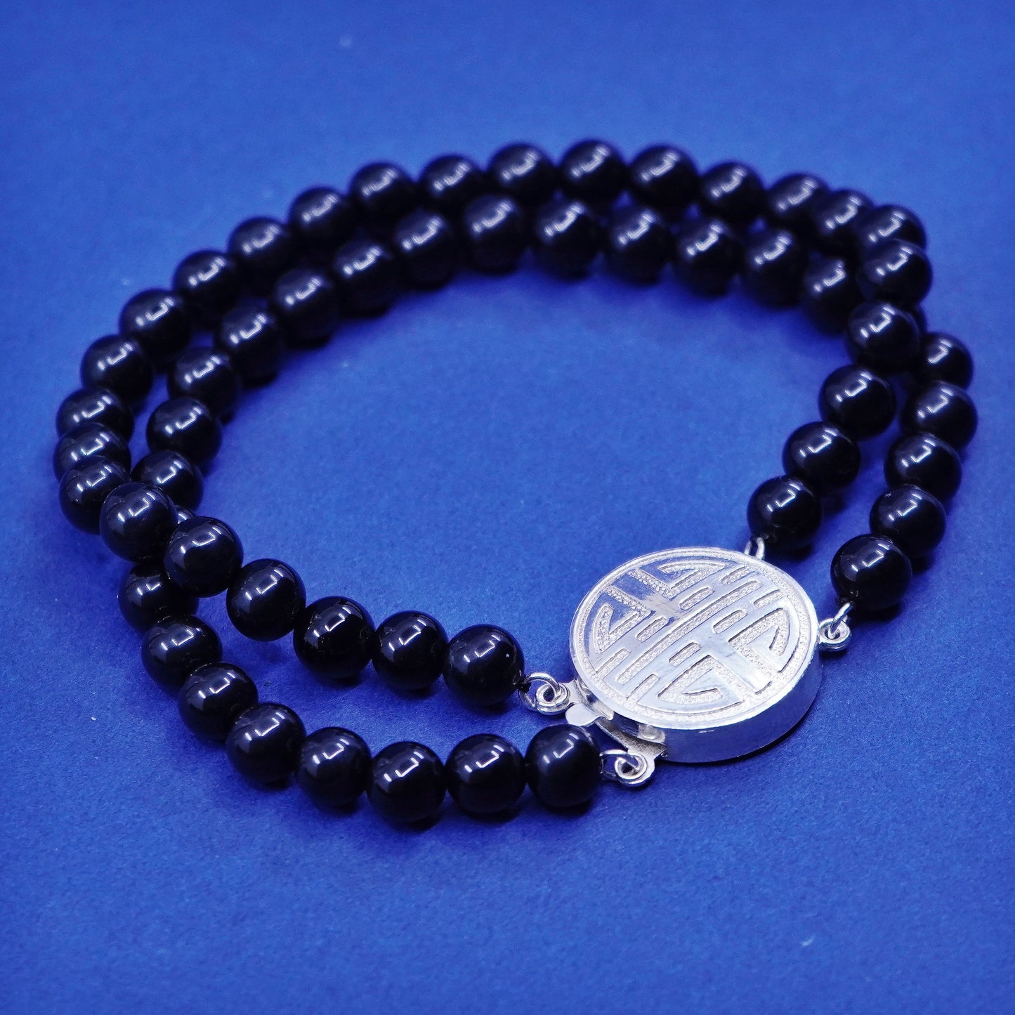 6.5”, Sterling silver handmade bracelet, multi strands obsidian beads