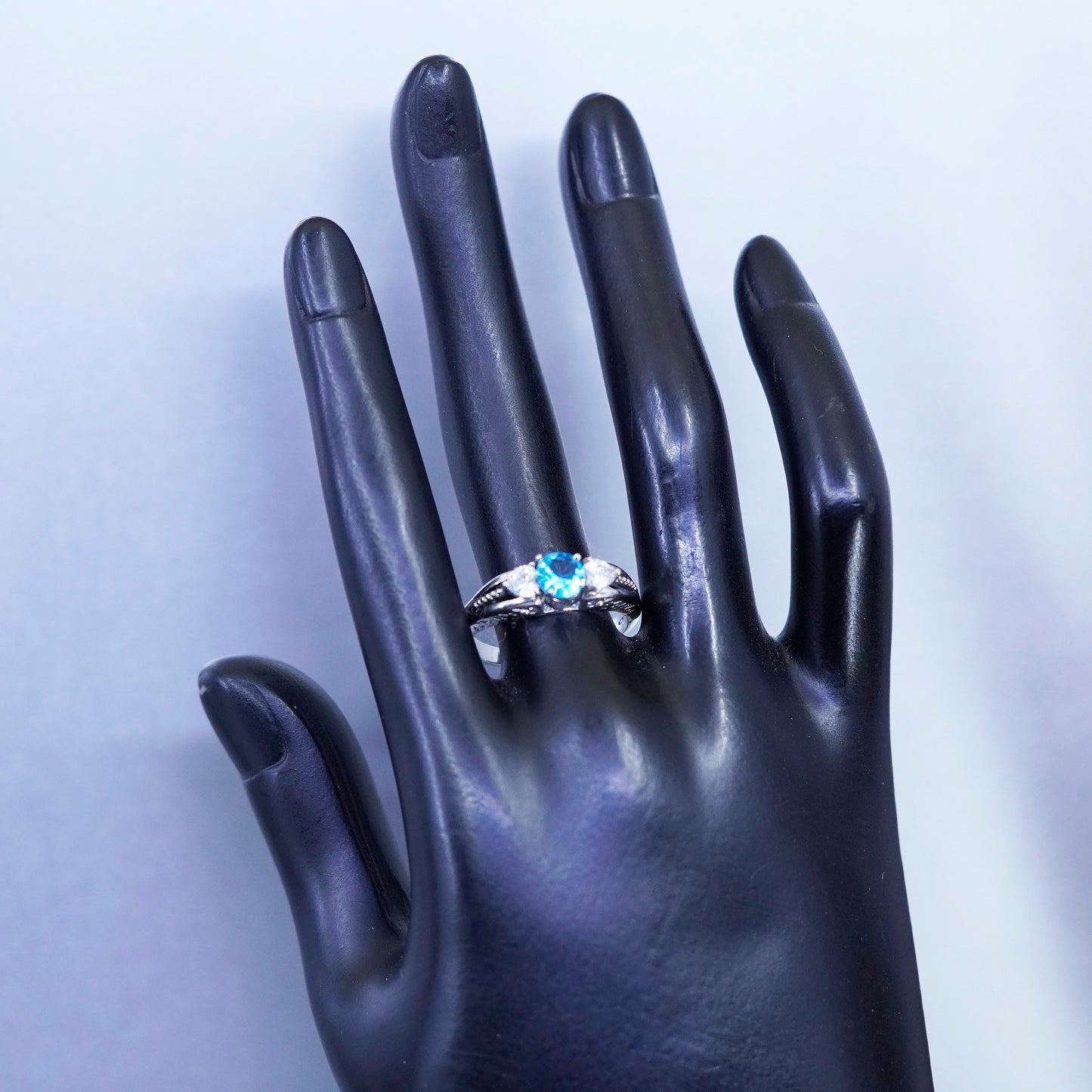 Size 10, vintage Sterling 925 silver handmade ring with blue Cz