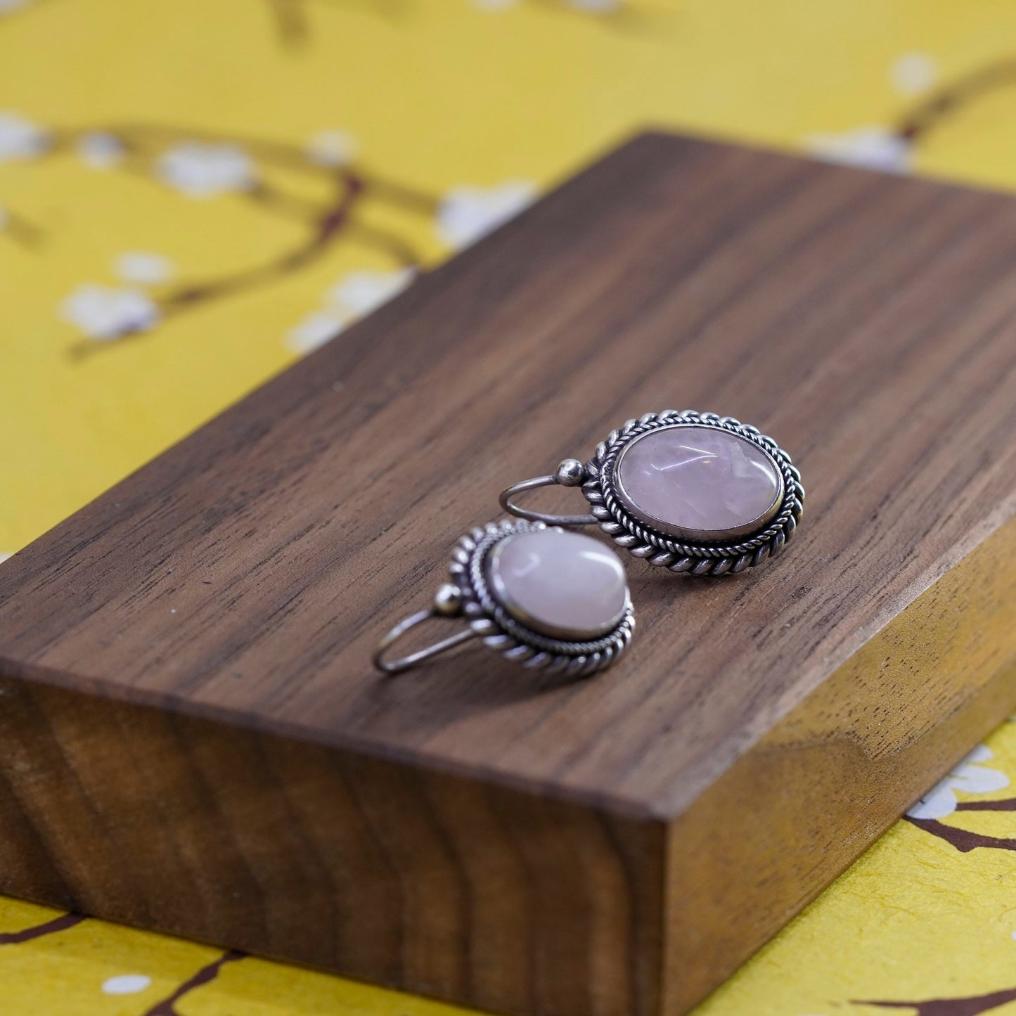 Vintage Sterling 925 silver handmade earrings with oval pink rose quartz