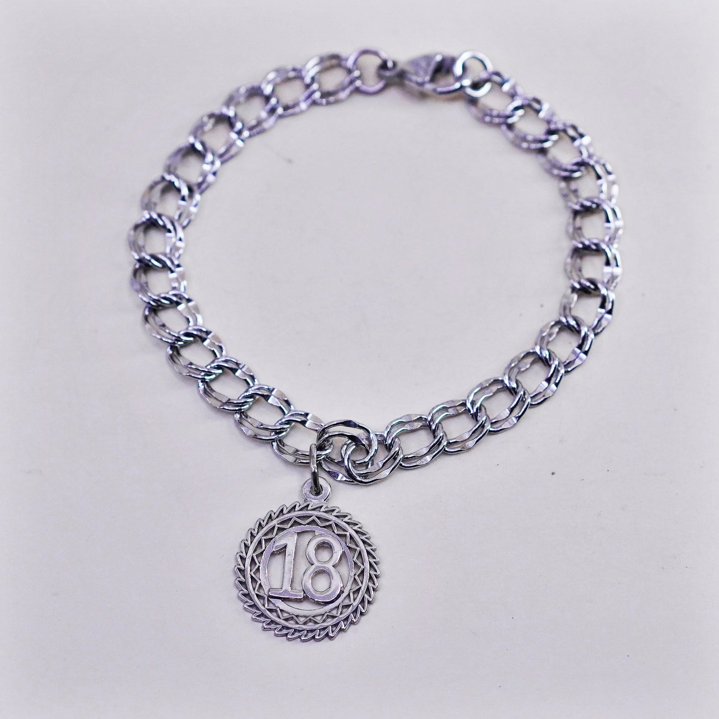 6.75”, 8mm, Vintage sterling silver double curb bracelet, 925 chain w/ 18 charm