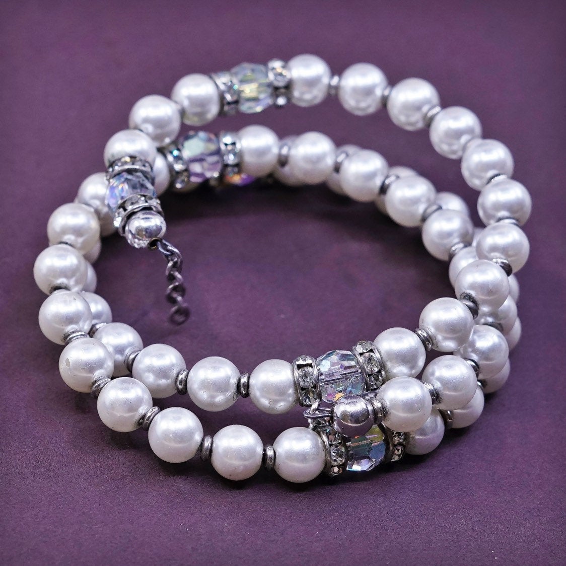 7" pearl beads wrap bangle bracelet with sterling 925 silver Jesus charm