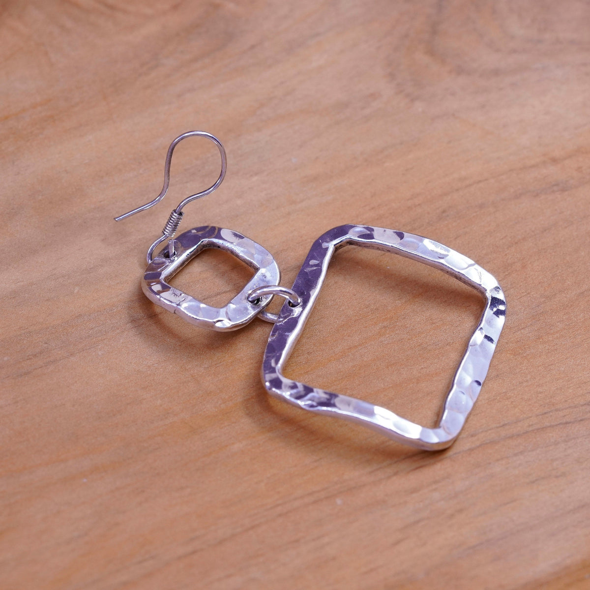 Vintage Mexico Sterling silver handmade earrings, 925 Hammered square dangles