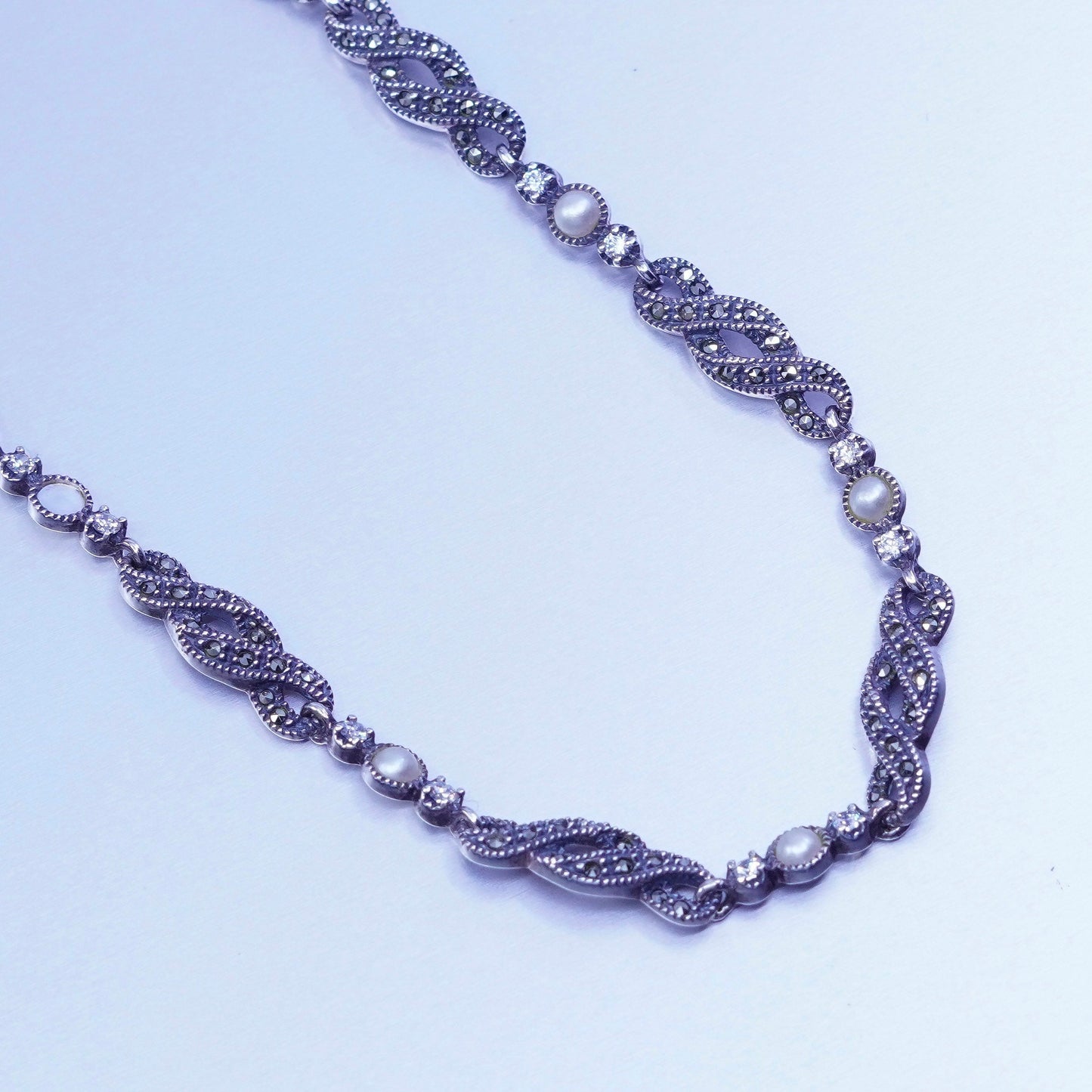 16”, Judith Jack Sterling 925 silver wavy chain tennis necklace Marcasite pearl