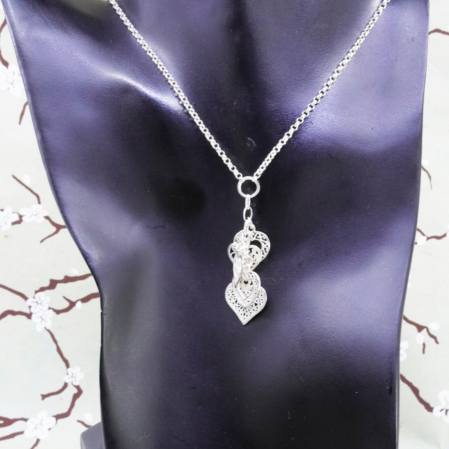 16+2”, Vintage 925 sterling silver circle chain with filigree heart pendant