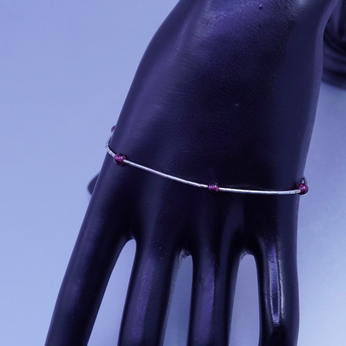 8”, Vintage Sterling 925 silver handmade bracelet, liquid chain garnet charms