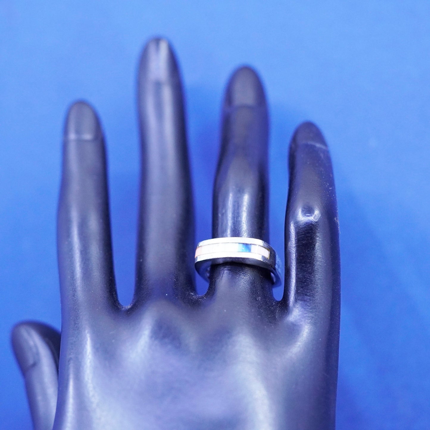 Size 6.25, vintage Sterling 925 Silver rainbow cats eye stackable Band Ring