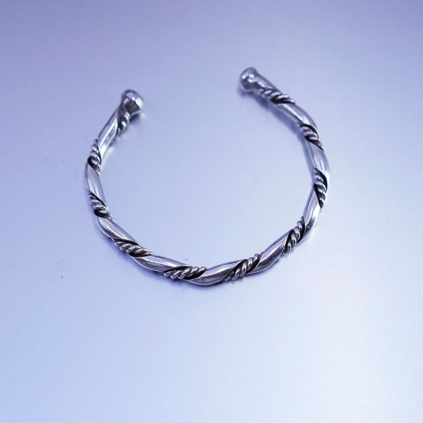 6.75”, Sterling 925 silver handmade bracelet, twisted cable cuff with bead ends
