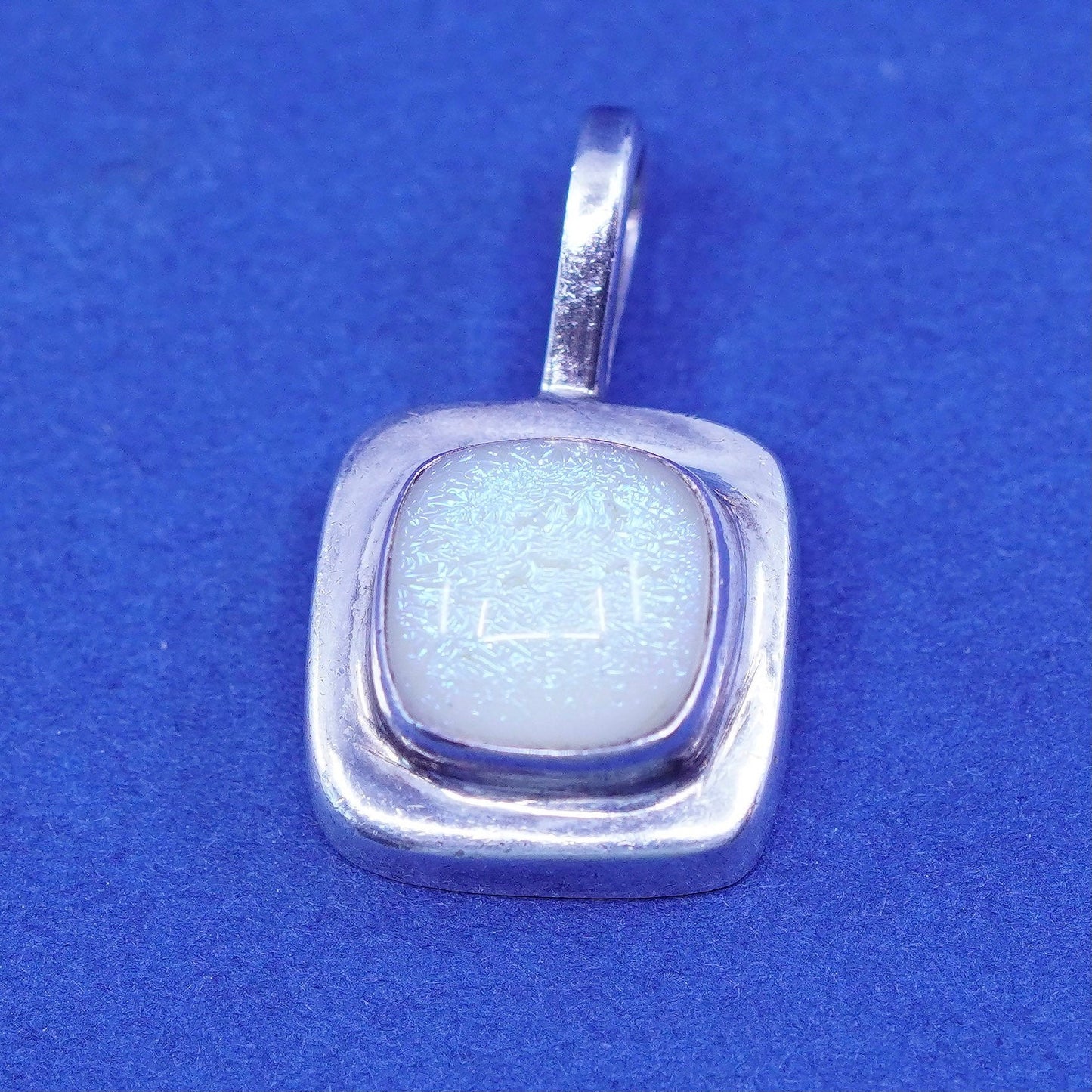 vtg Soul Flower sterling 925 silver handmade pendant w/ white dichroic glass