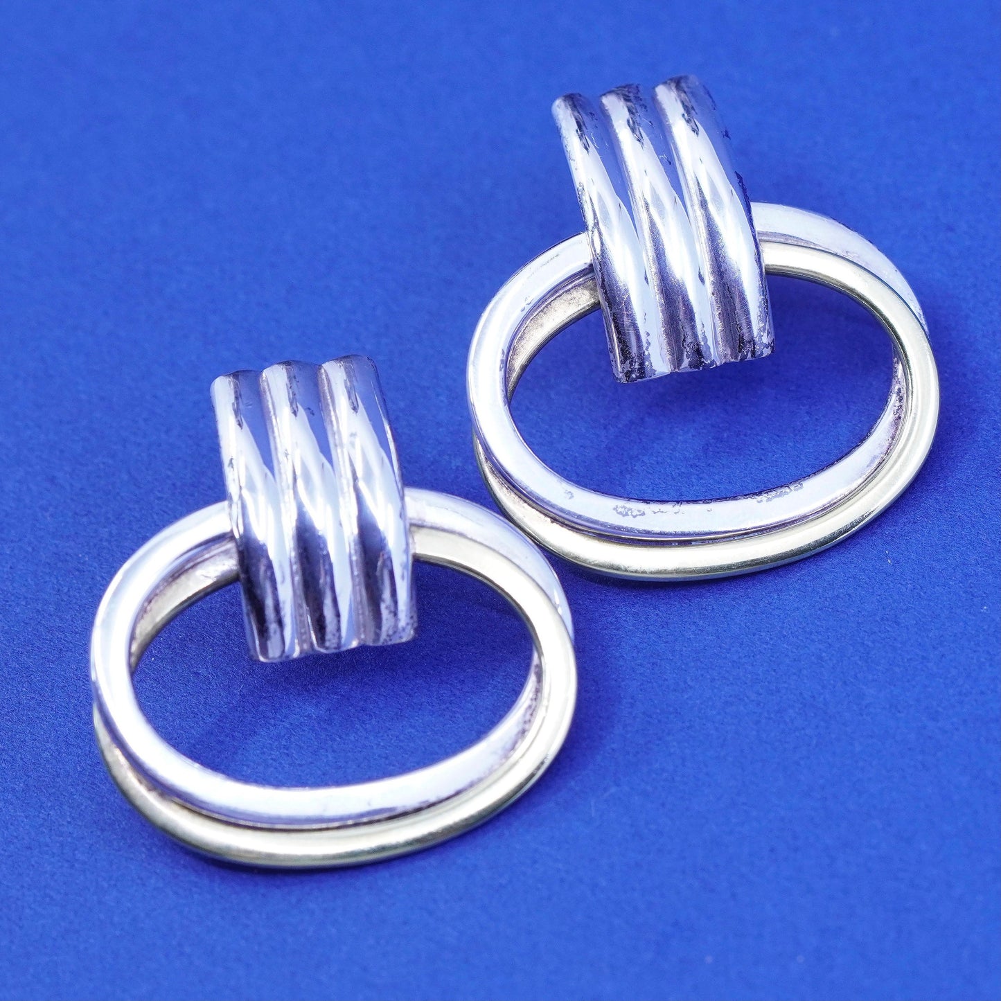 Laton two tone Sterling silver handmade earrings, entwined 925 studs brass
