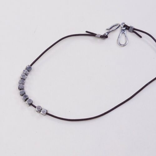 7.5”, Vtg Sterling 925 Silver Handmade Bracelet, Brown Leather Core W/ Beads