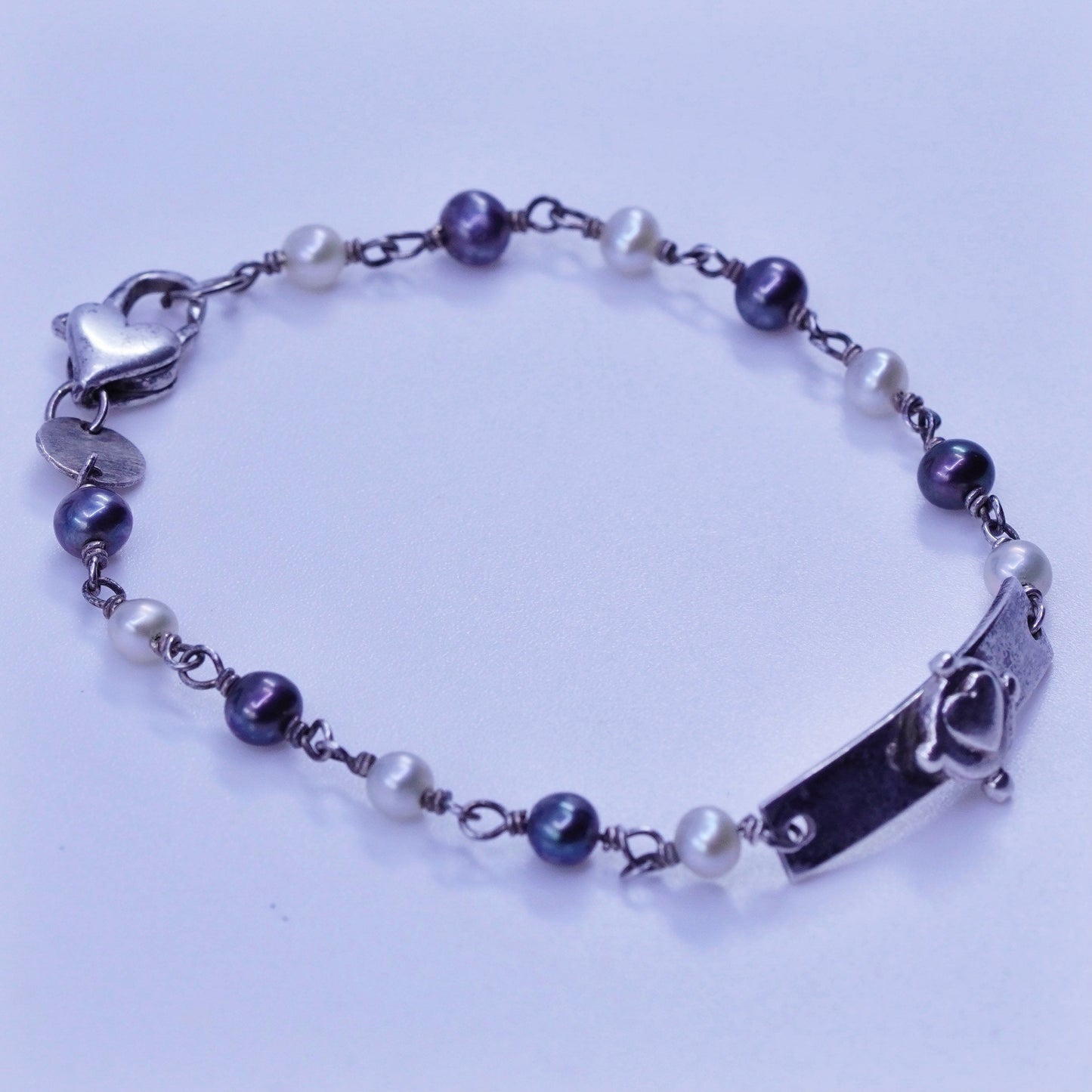6.75”, vintage Sterling 925 silver handmade bracelet with pearl heart bar charm