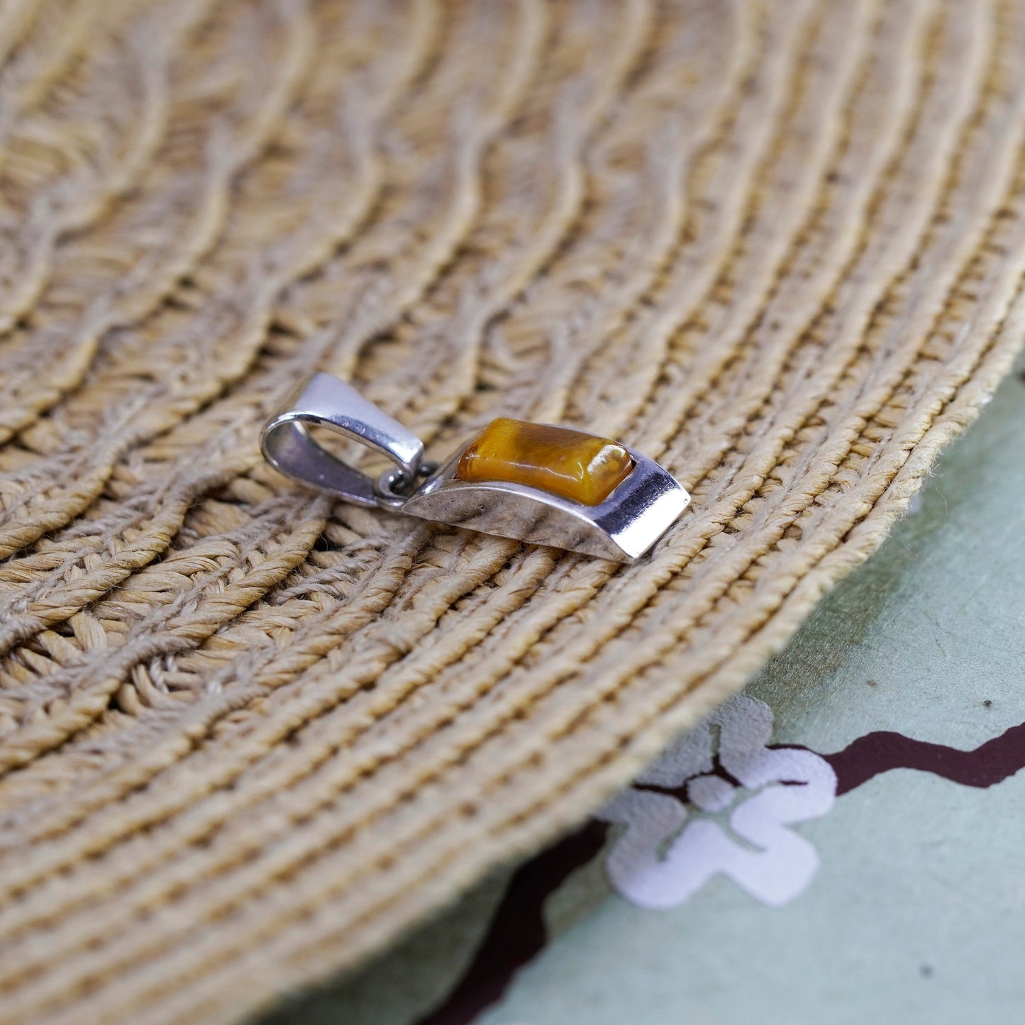 Vintage Sterling 925 silver handmade pendant with rectangular Amber