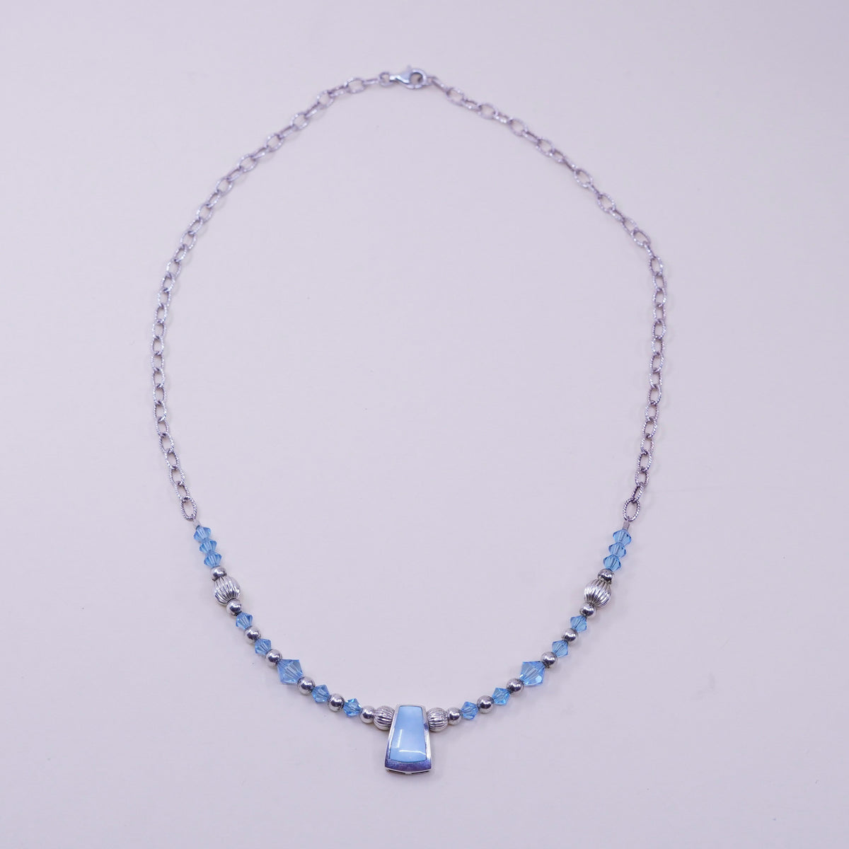 17”, Sterling 925 silver necklace with crystal beads mother of pearl pendant