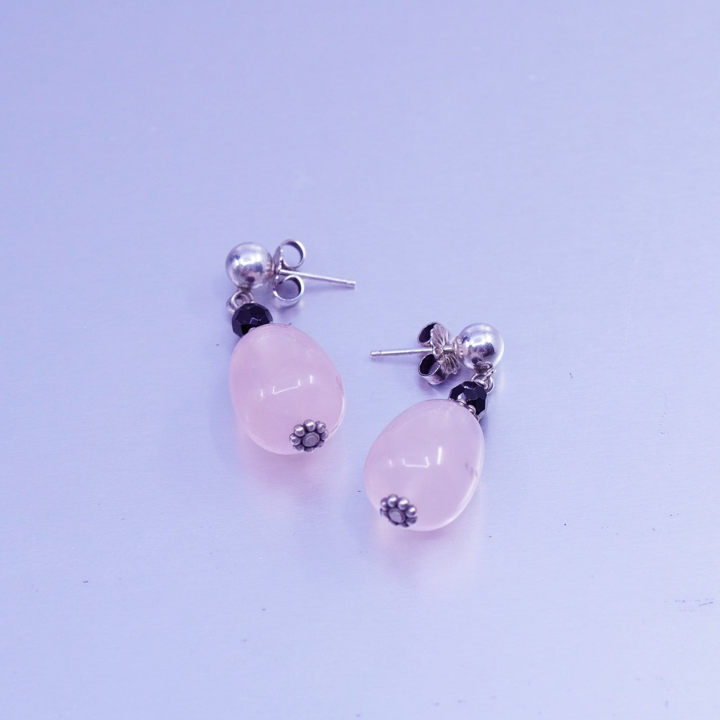 Vintage Sterling 925 silver handmade earrings with pink rose quartz