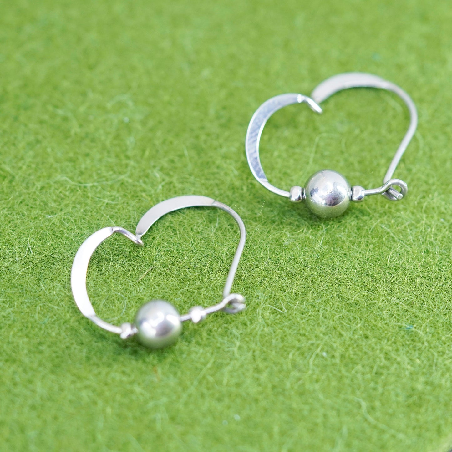 0.75”, Vintage sterling 925 silver loop earrings, heart hoops with beads