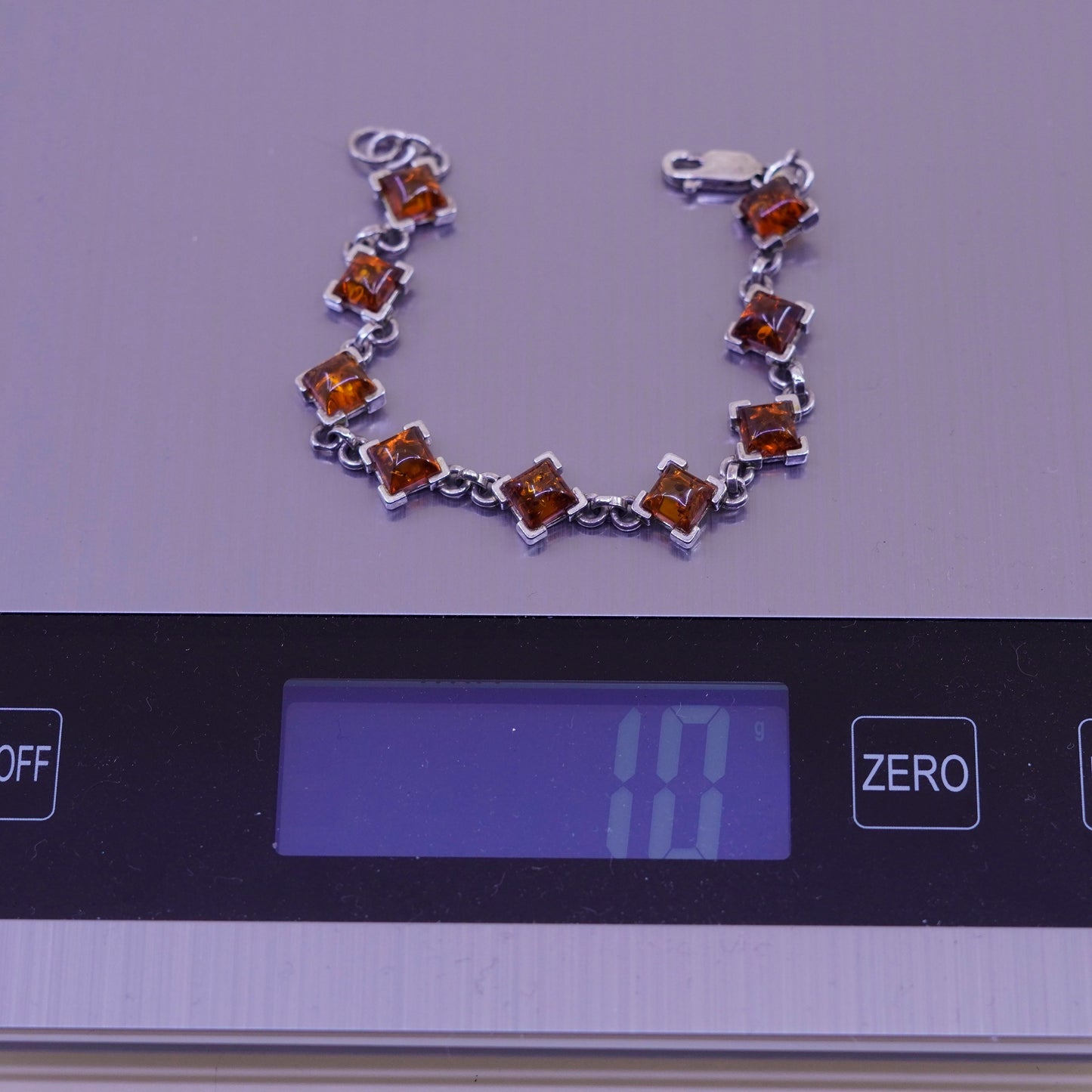 6.5”, Vintage sterling 925 silver handmade tennis bracelet with square amber