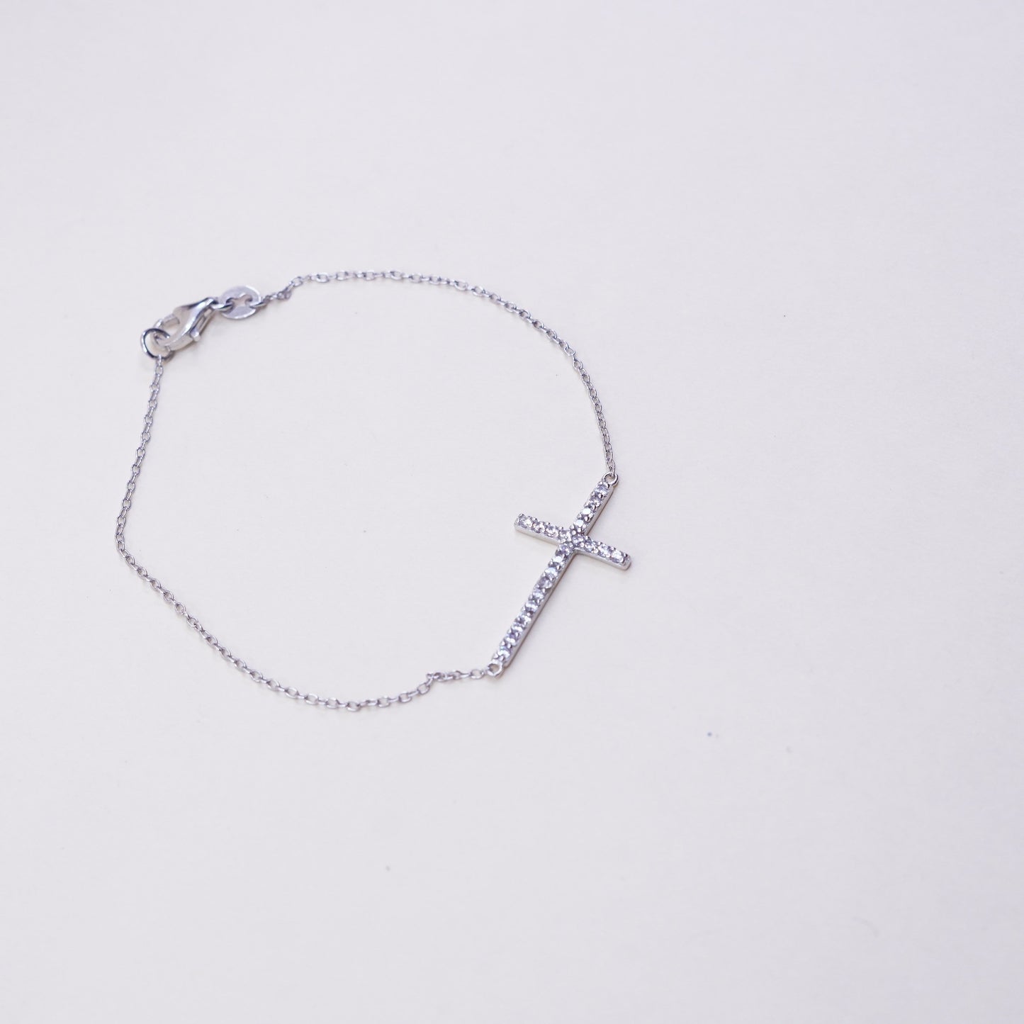7”, vtg sterling silver handmade bracelet, Italy 925 chain with cross and Cz