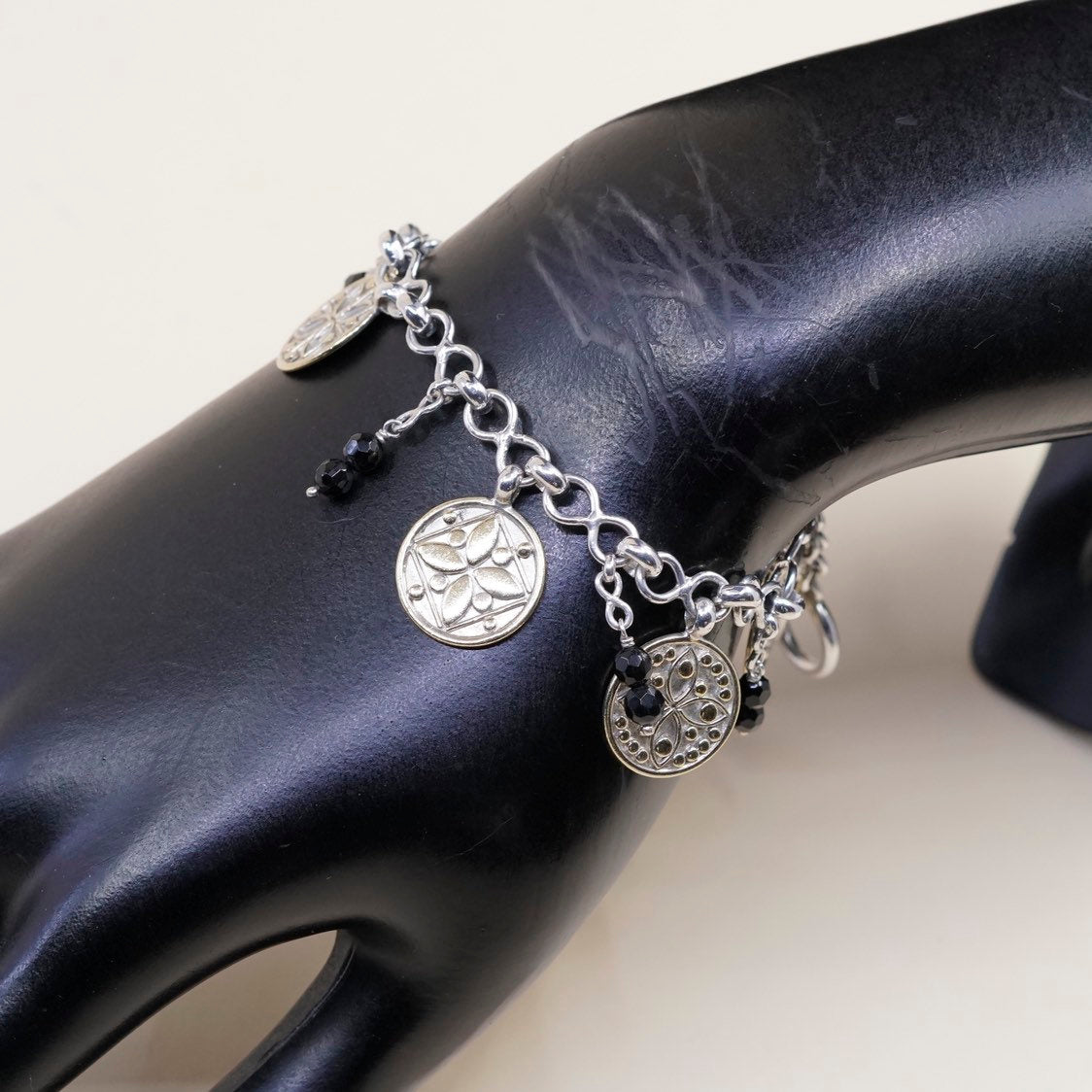 7.25”, VTG 22k gold sterling silver handmade bracelet, 925 circle disk chain