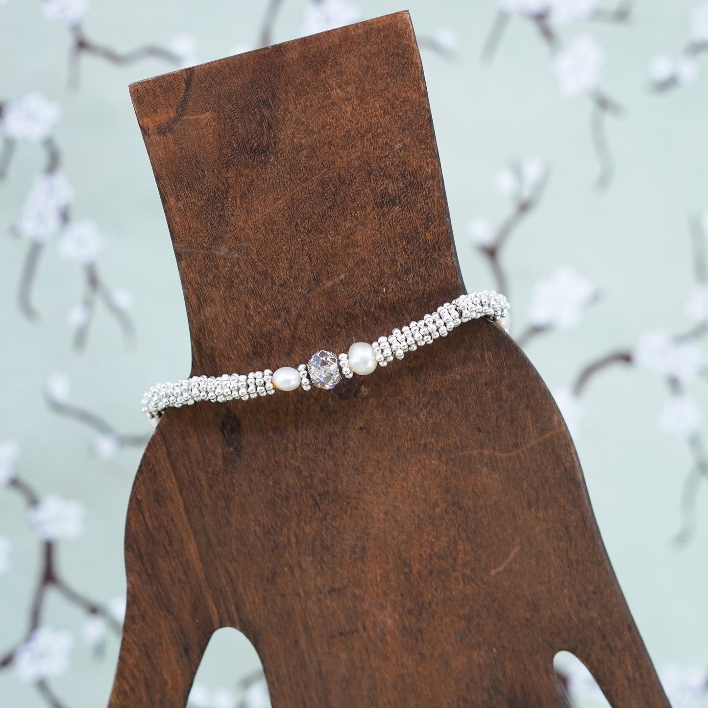 7”, Vintage handmade 925 sterling silver beaded bracelet with pearl