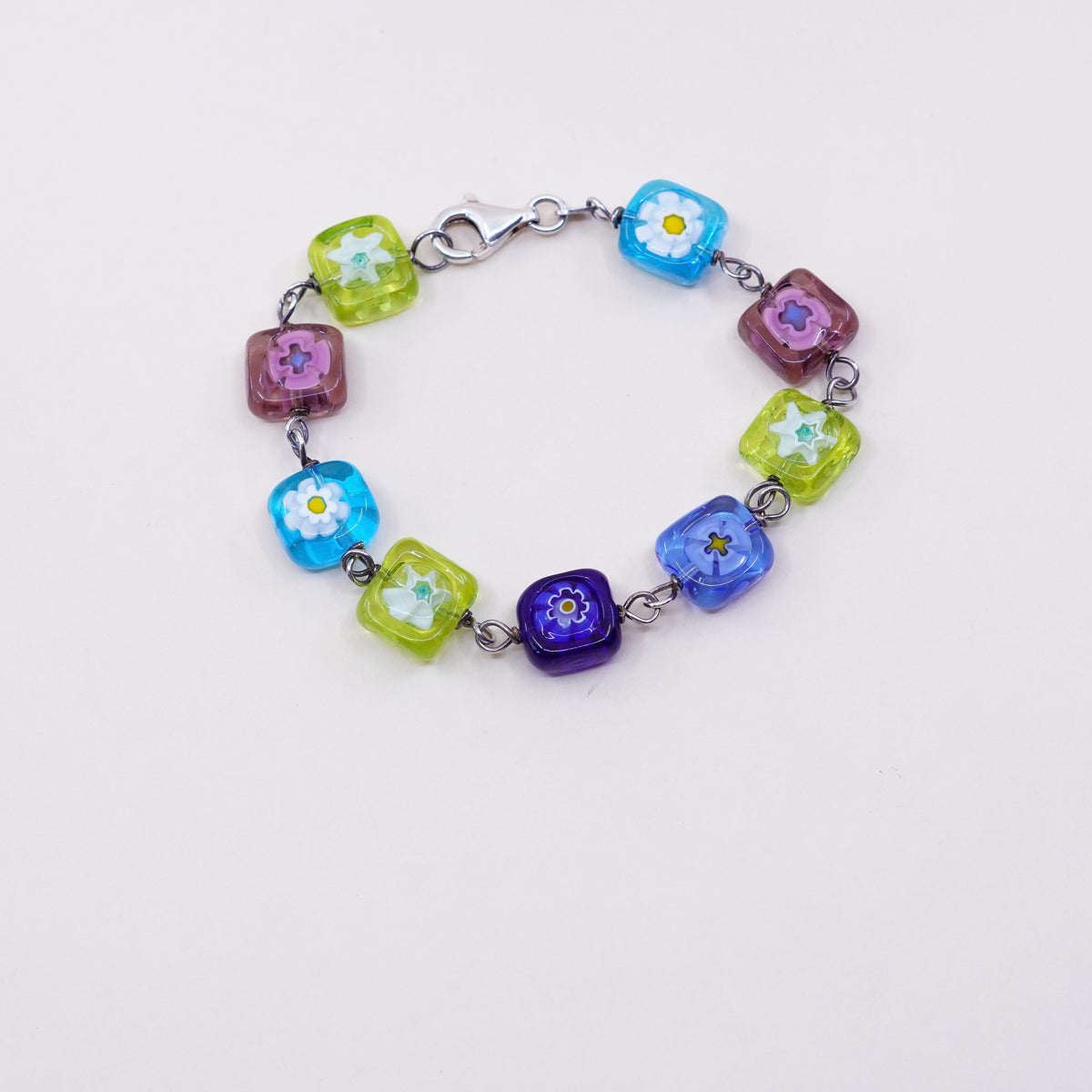 7”, Italy 925 Sterling 925 silver beads bracelet w/ artisan Murano glass