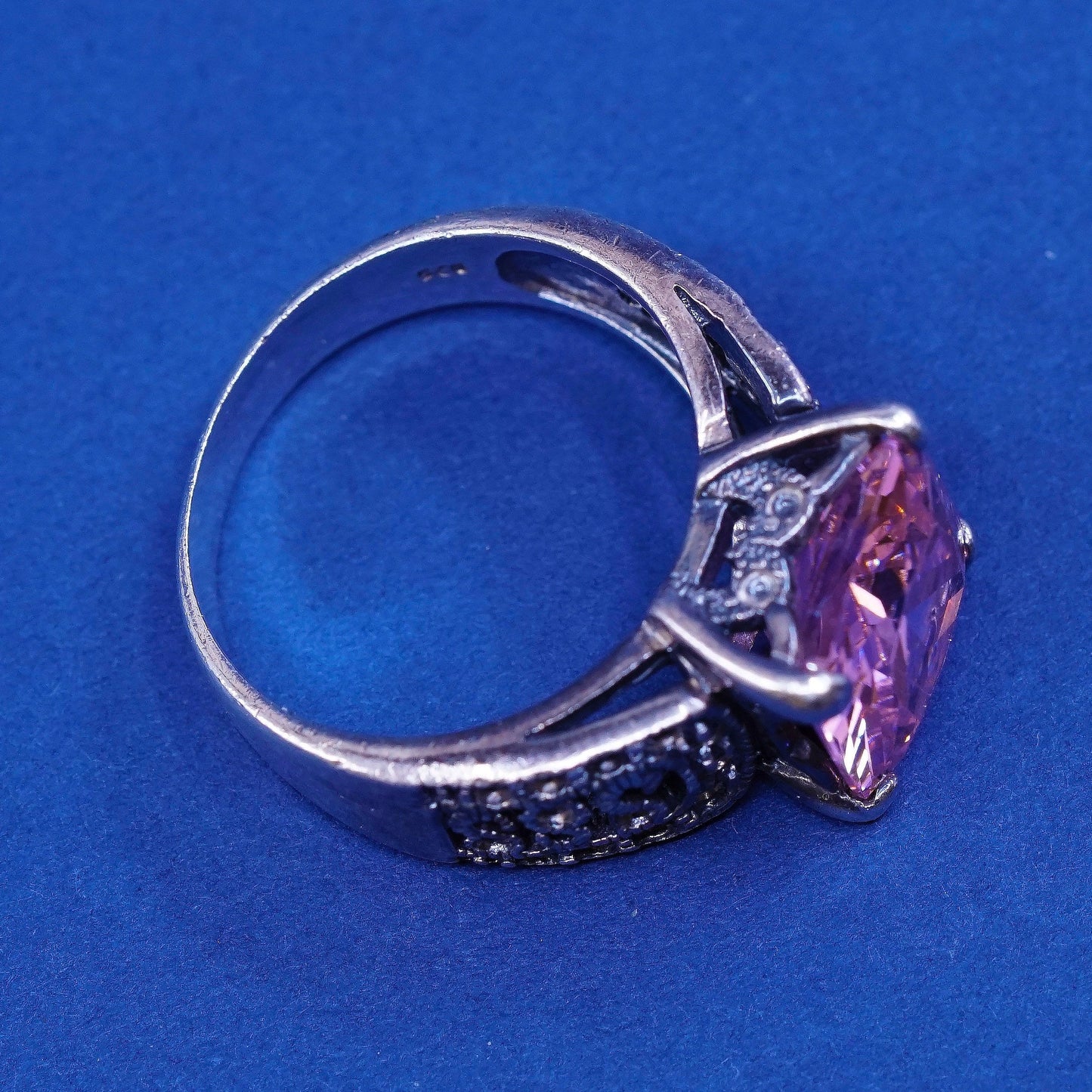 sz 8.25 vtg WS Sterling silver handmade statement ring, 925 w/ pink crystal